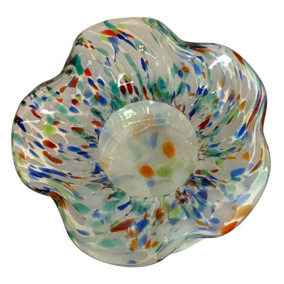 Handblown Multicolor Glass Vase With Ruffled Rim and Fluted Globe Design - Picture 5 of 7